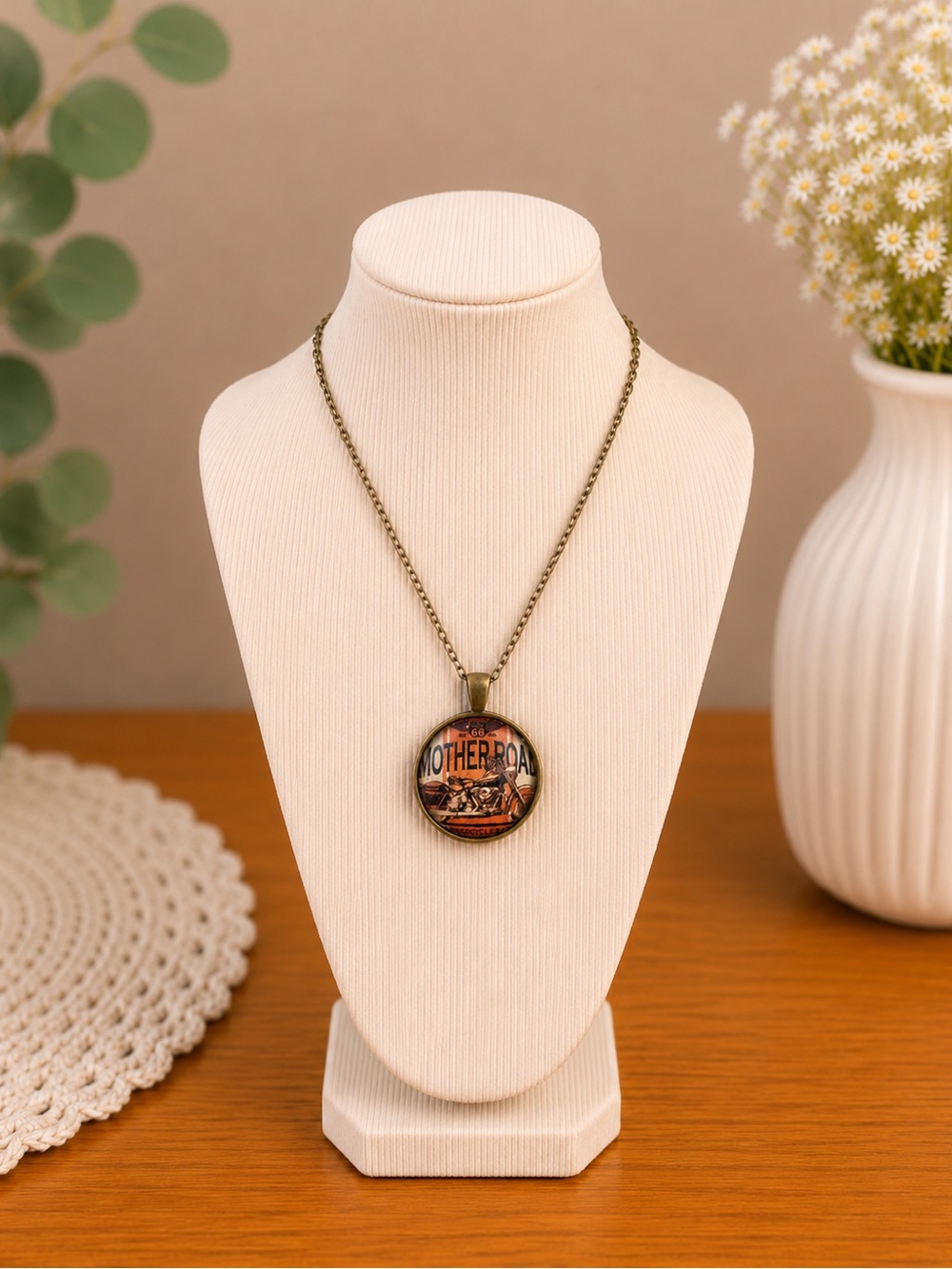 Handmade Route 66 Motorcycle Mother Road Pendant Necklace